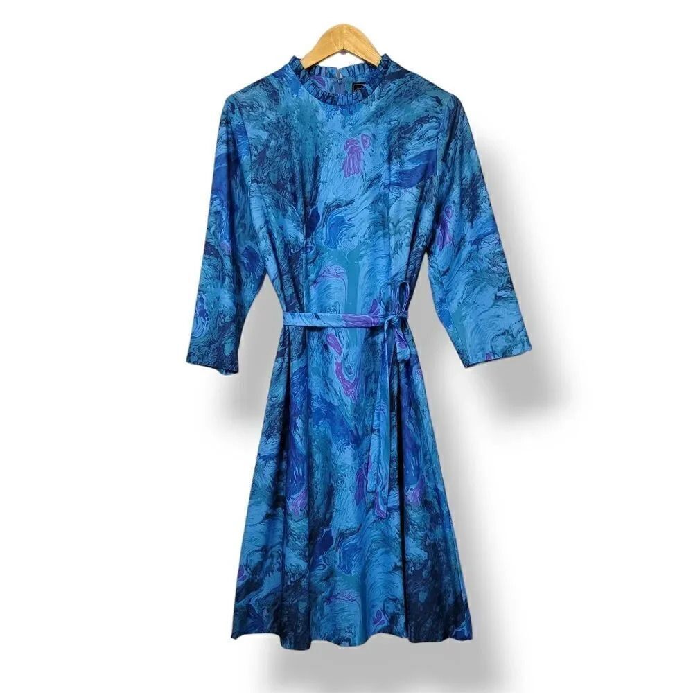 Vintage 50s 60s Mynette Marbled A-line Knee Length Dress with Tie Belt Size 18 - Picture 2 of 13